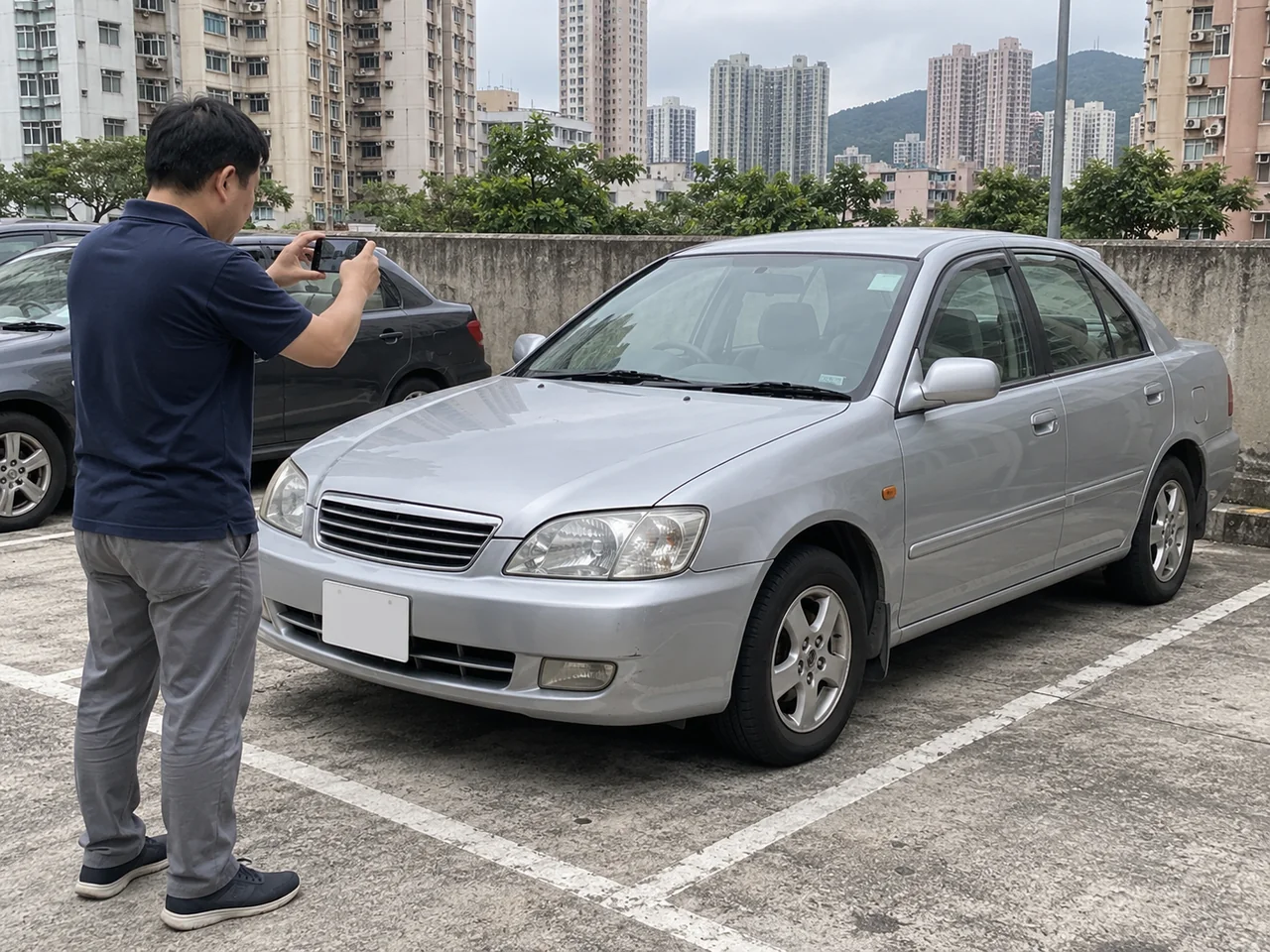 持有人在香港普通停車環境拍攝銀色舊私家車
