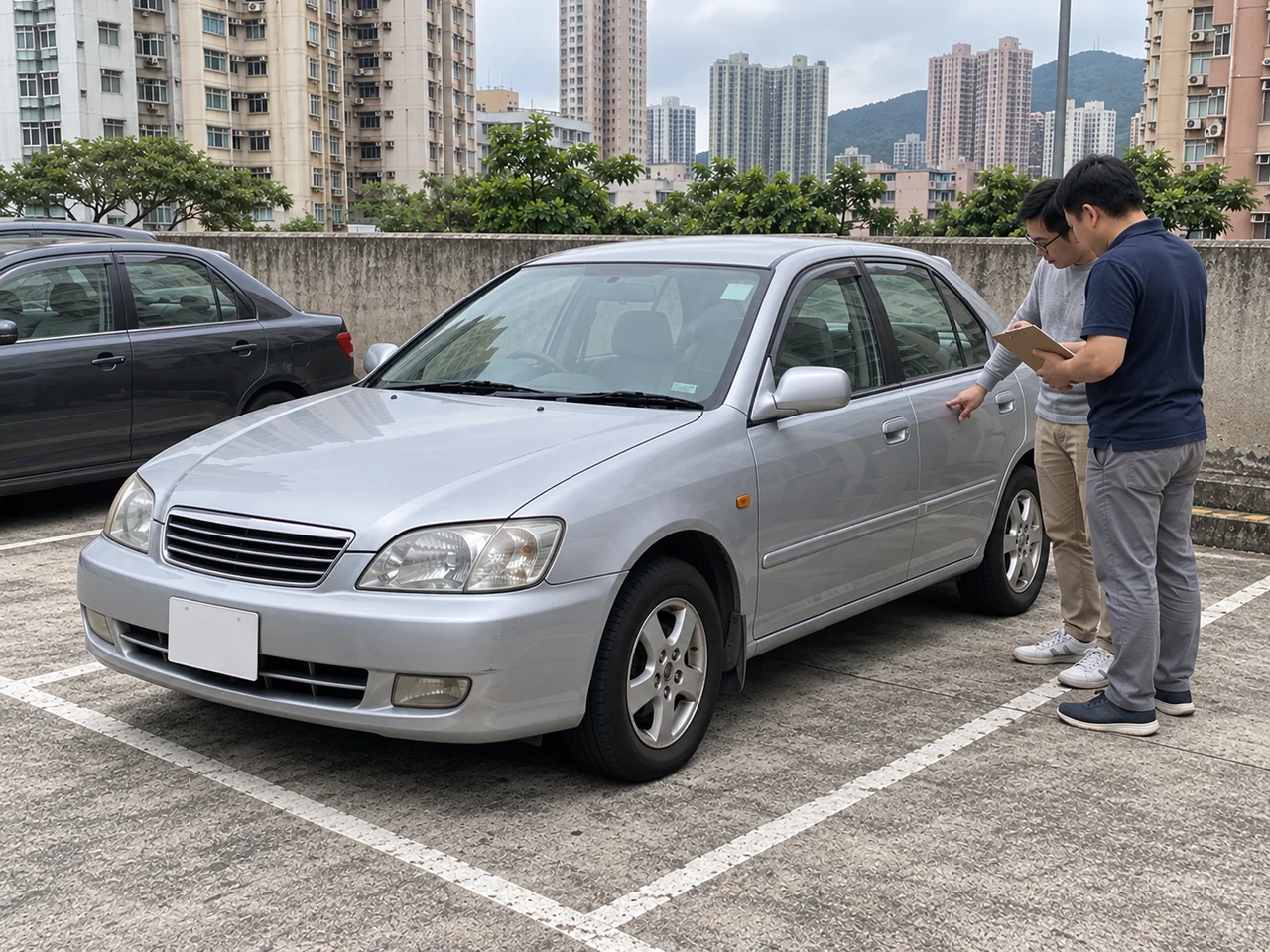 在同一車輛旁核對車況與資料，文件內容不可讀